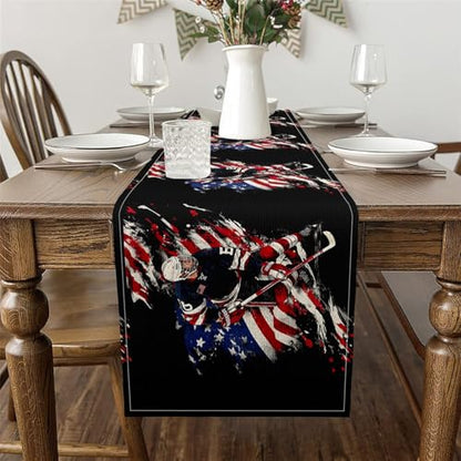 Erosebridal Hockey Player Table Runner for Boys Man,Ice Hockey Ball Games Table Runners 13X120 Inch for Kids Teens,Red Blue American Flag Dresser Runners,Winter Sports Game Rectangular Runner - size: 13" X 120"