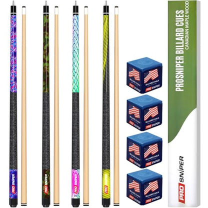 Prosniper Premium Pool Sticks Set of 4 | 58-Inch, 19-Oz Canadian Maple Pool Cue with Low-Deflection Shaft & 4 Extra Chalks | Pro-Grade Billiard Cue for Home & Bar Play - color: Neon Multicolor
