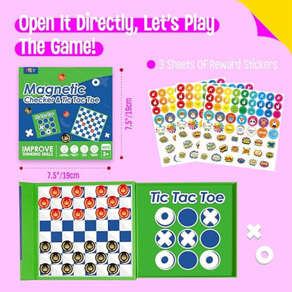 2 in 1 Checkers Set, Magnetic Game Board -Checkers & Tic-Tac-Toe, Thick Foam Checker Road Travel Game with 59 Reward Stickers for Young Kids Aged 3+