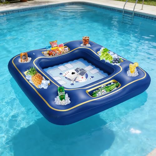 Floating Poker Table for Pool with Waterproof Playing Cards - 4 Person Inflatable Pool Games for Adults - Blue & Gold Premium Floating Card Table Set for Lake, River, and Swimming Party (40 inch)