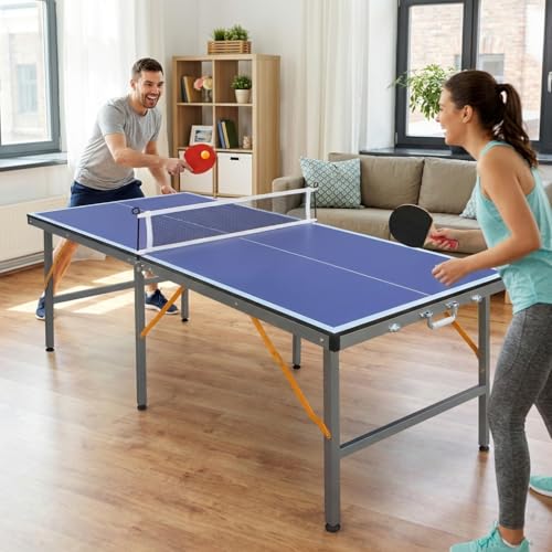 5ft Mid-Size Table Tennis Table, Foldable Portable Ping Pong Table Set with Net, 2 Paddles and 3 Balls for Indoor, Compact Space-Saving Design with Smooth Play Surface