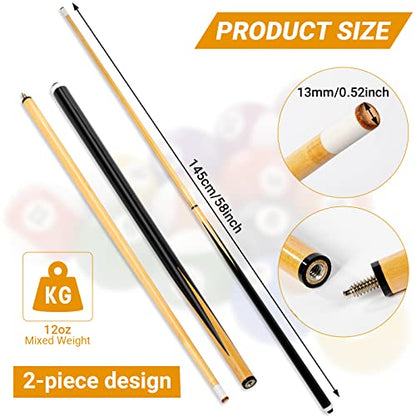 Wettarn Pool Sticks 2 Piece 58 Inch Bar Billiard Pool Cue Table 12 oz 13 mm Glue for Tips Hardwood Wooden Cue Sticks Gift for Adults, Beginner, Men, Player, Starter, Club, Party, Father's Day