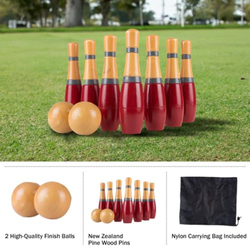 Wooden Lawn Bowling - Adults and Kids Bowling Set with 10 Pins, 2 Balls, Carry Bag - Indoor and Outdoor Games - Skittle Yard Games (Red) - color: Red & Gray