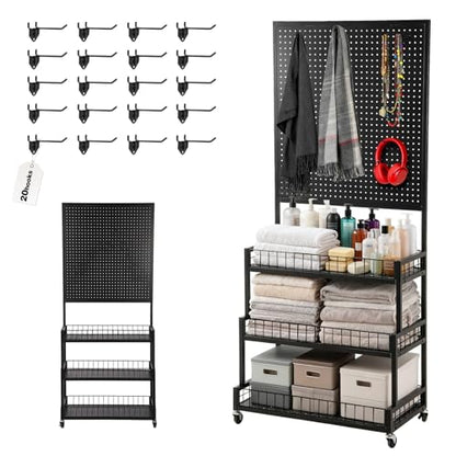 Eastern Tree 3 Tiers Metal Pegboard Display Stand with Pegboard Panel, Standing Pegboard Display Rack, Peg Board Panels, Art Display and Retail Display Stand with 20 Hooks - Black - color: Black