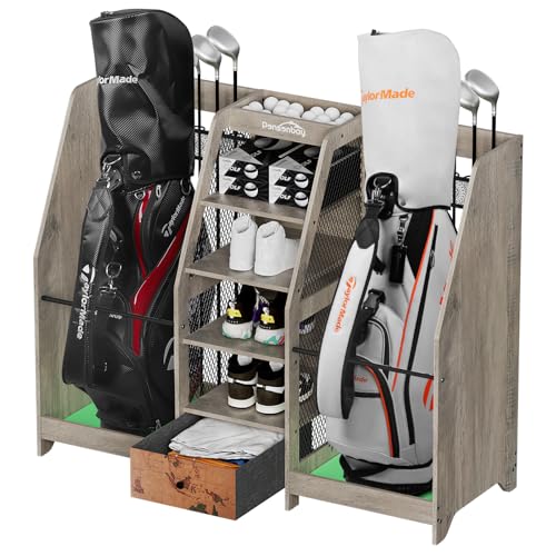 Golf Bag Storage Organizer for Garage, Premium Wooden 2 Golf Bags Rack with Drawer, Easy Assemble Golf Club Stand/Holder Suitable for Garage Home Simulator and Office - color: Grey