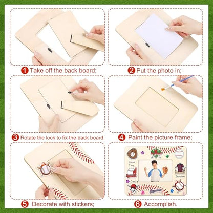 Fovths 12 Pieces Baseball Wooden Picture Frame Senior Night Decoration Fits 4 x 6 Inch Photo with Pens Stickers Paints Brushes Thanks Coach Gifts Tabletop Baseball Gifts for Team, Athletes