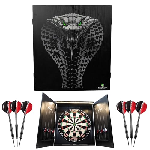 Ruthless Home Darts Centre with or Without LED Light Options | Home Dart Board Centre Including Cabinet, Dartboard and 2 Sets of Darts. - style: Cobra + LED Light