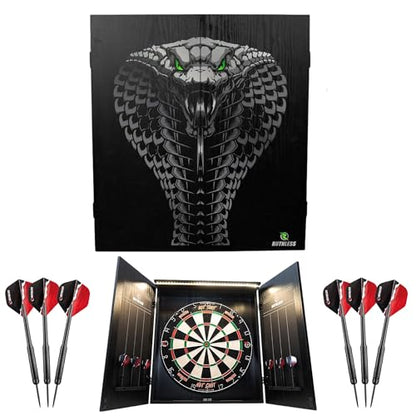 Ruthless Home Darts Centre with or Without LED Light Options | Home Dart Board Centre Including Cabinet, Dartboard and 2 Sets of Darts. - style: Cobra + LED Light