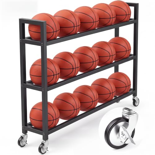 Colingmill Heavy Duty Basketball Rack with Wheels, Multi-Tier Rolling Ball Storage Cart, Sports Equipment Organizer for School, Gym, Club Shoot Training - size: 15ball