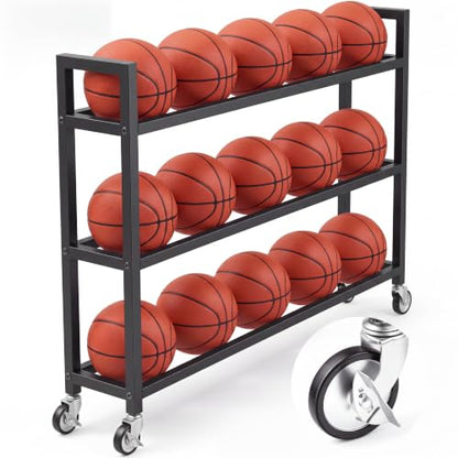 Colingmill Heavy Duty Basketball Rack with Wheels, Multi-Tier Rolling Ball Storage Cart, Sports Equipment Organizer for School, Gym, Club Shoot Training - size: 15ball