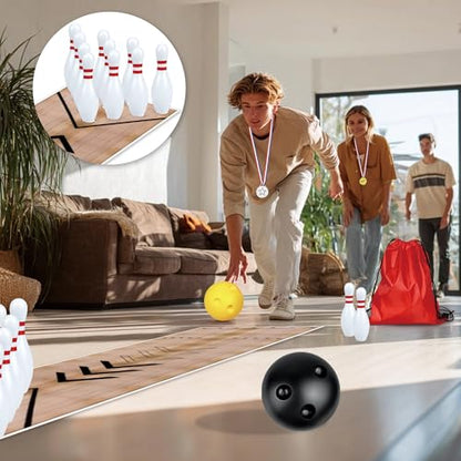 Mini Bowling Set Indoor Outdoor Indoor Bowling Set with Guide Arrow Mat Gold and Silver Medal Backpack Dispensing Suitable for Family Friends Family Party Entertainment