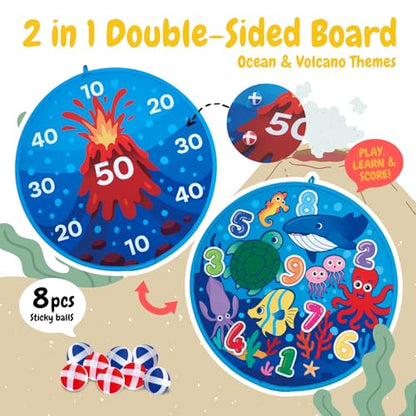 Grip Kids Ocean & Volcano Theme Double-Sided Dartboard Target Game – 26" Large Dart Board with Sticky Balls & Jellyfish Toss Balls, Indoor/Outdoor Fun Party Game Toy for Kids Ages 3–12
