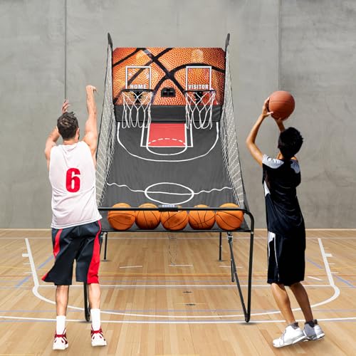 Dual Shot Basketball Arcade Game with Electronic Scorer, 8 Game Modes Indoor Outdoor 2 Player Basketball Shooting Game Foldable Double Shootout Game Set with 5 Balls and Pump for Home Playground Game