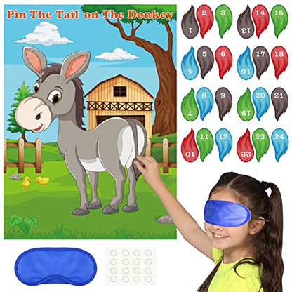 PLULON Pin The Tail on The Donkey Party Game for Kids, Donkey Themed Animal Birthday Party Games Donkey Poster with Tail Stickers for Kids Farm Animal Donkey Party Favors Home Wall Decorations - style: Donkey