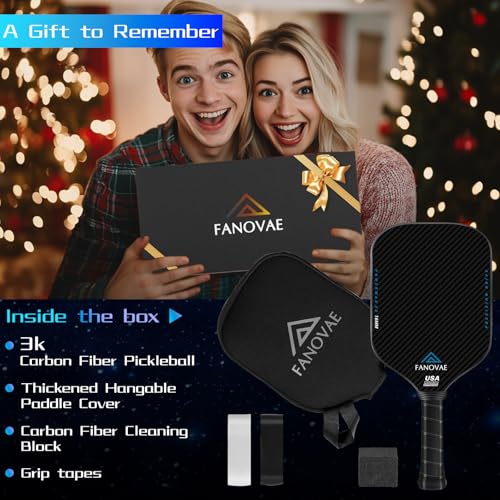 Carbon Fiber Pickleball Paddle, 3K Raw Carbon Fiber Surface, CAS, High Grit & Spin, 16MM PP Honeycomb Core, Ideal for Novice and Pro, Includes Paddle Cover&Eraser, Fanovae POWERMAX 3D