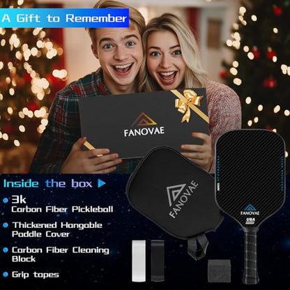 Carbon Fiber Pickleball Paddle, 3K Raw Carbon Fiber Surface, CAS, High Grit & Spin, 16MM PP Honeycomb Core, Ideal for Novice and Pro, Includes Paddle Cover&Eraser, Fanovae POWERMAX 3D
