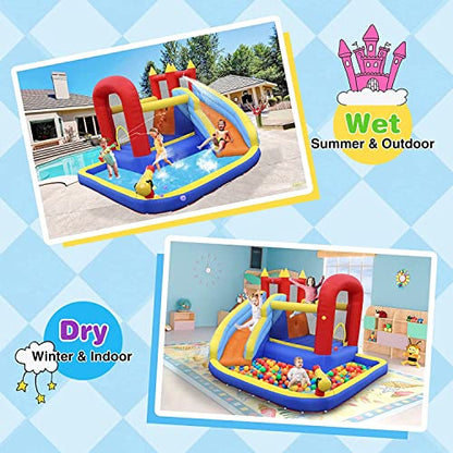 JOYLDIAS Inflatable Water Slide Bounce House,Slide Bouncer Castle Playhouse w/Splash Pool,Jump Area, Climbing Wall,Basketball Hoop,450W Air Blower for Kids Backyard Indoor Outdoor Use,Free Water Gun - color: 5 in 1