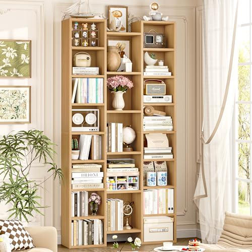 FOTOSOK 71'' Tall Bookshelf with 21 Cubes, 8 Tier Triple Wide Bookshelf with 8 Adjustable Shelves, 35" Wood Bookcase DVD/CD Media Tower Storage, Freestanding Display Shelf Cabinet, Natural - color: Natural