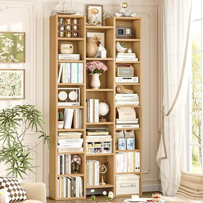 FOTOSOK 71'' Tall Bookshelf with 21 Cubes, 8 Tier Triple Wide Bookshelf with 8 Adjustable Shelves, 35" Wood Bookcase DVD/CD Media Tower Storage, Freestanding Display Shelf Cabinet, Natural - color: Natural