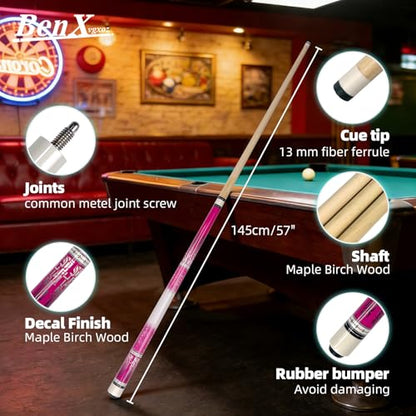 57 Inch Pool Cue Stick - 13mm Fiber Ferrule Tip, Maple Birch Wood Billiard Cue with Chalk & Glove | Explosion-Proof Joint for Home, Bar, Billiard Hall - style: Maple Birch Wood Billiard Cue-Pink
