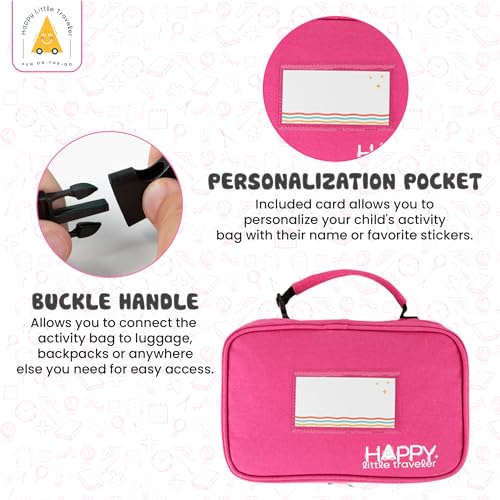 Travel Essentials for Kids – All-in-One Hanging Bag with Kid Toys, Road Trip Activities for Kids, Sensory Toys & Travel Games for Airplane Trips, Car Rides, Gifts for Boys & Girls Ages 4+ (Pink)