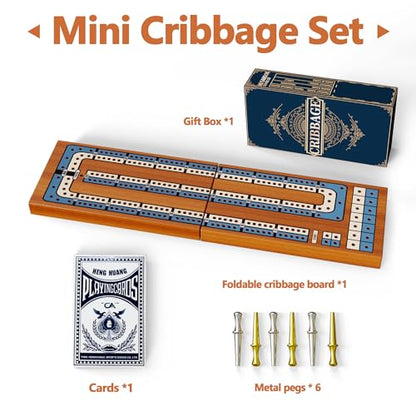 Small Size Travel Wooden Cribbage Board Game Set – 2-Track Foldable Cribbage with Magnetic Storage, 6 Metal Pegs & Full Deck of Cards – Perfect for Family Game Night, Traveling & Camping - style: Foldable