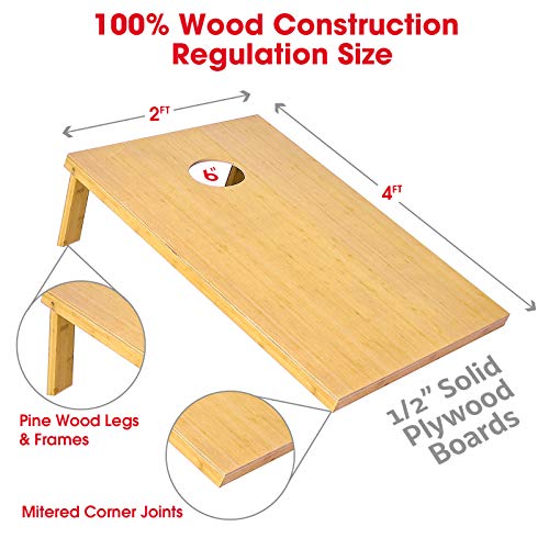 GoSports Bamboo Cornhole Toss Game Set with 8 Bean Bags & Carrying Case - Choose Regulation or Tailgate Size Boards