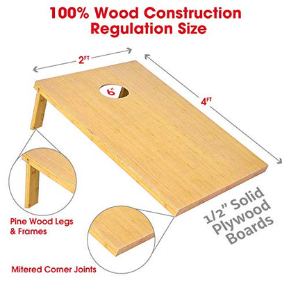 GoSports Bamboo Cornhole Toss Game Set with 8 Bean Bags & Carrying Case - Choose Regulation or Tailgate Size Boards