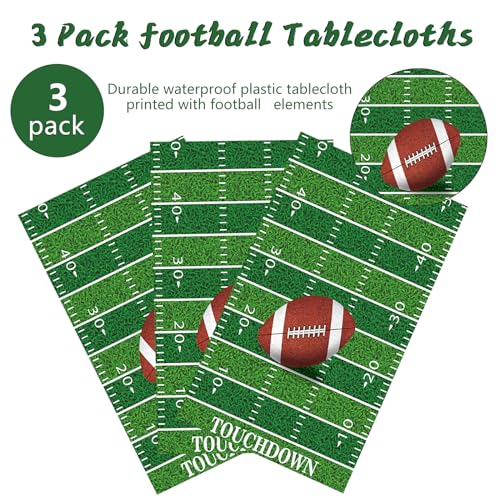 Kesfey 3 Packs Football Tablecloth 54 x 108 Inches Green Football Field Touchdown Tablecover Disposable Plastic Rugbyl Themed Birthday Table Cloth Gameday Tailgate Rugby Tablecloths for Superbowl - color: Green Football