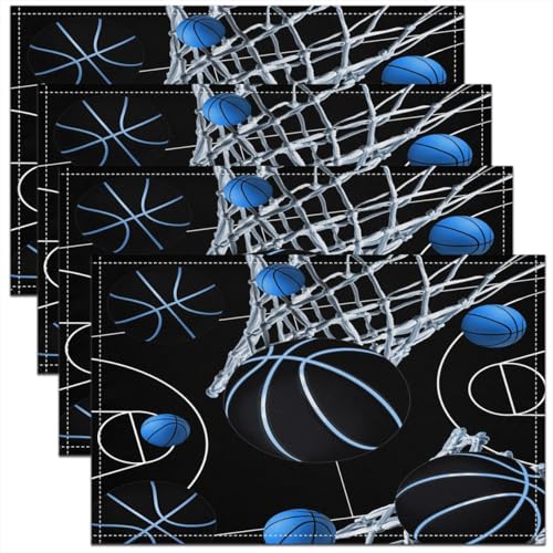Castle Fairy Basketball Kids Placemats Set of 4,Outdoor Sport Lover Table Place Mats,Basketball and Hoop Kitchen Decor,Black Blue Placemat Kitchen Table Decoration 12"x18" - color: Black Blue
