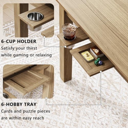 Board Game Table with Removable Top, 63" Dining/Gaming Table for 4-6 Players with 53in x 31.5in Play Area, Includes 6 Cup Holders & Trays, Natural Wood (Game Mat Not Included) - color: Natural Wood