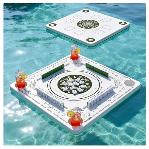 Floating Mahjong Table for Pool with 4 Cup Holders, 31.5" Pool Mahjong Set, Double-Sided Game Table for Hot Tub, Beach Party, Includes 4 Shuffle Cards - color: Green Printed F