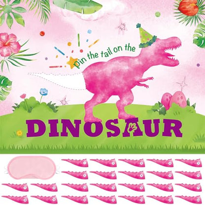 WERNNSAI Pin The Tail on The Dinosaur - Girl Dinosaur Party Decorations Pink Dino Party Games for Birthday Celebration Supplies 21" x 28" Poster with 24 PCS Tails Stickers - style: Dinosaur F 002