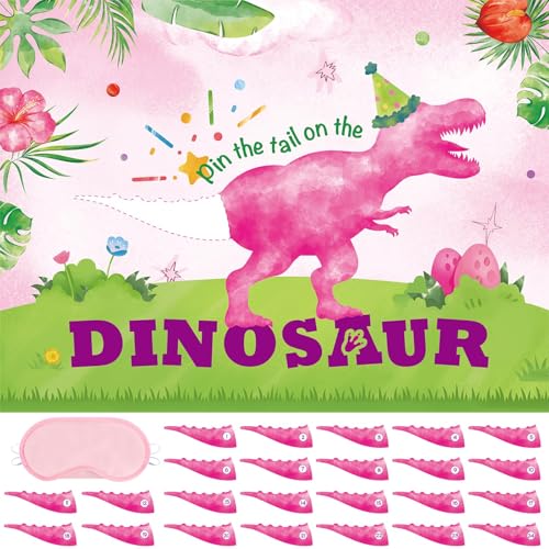WERNNSAI Pin The Tail on The Dinosaur - Girl Dinosaur Party Decorations Pink Dino Party Games for Birthday Celebration Supplies 21" x 28" Poster with 24 PCS Tails Stickers - style: Dinosaur F 002