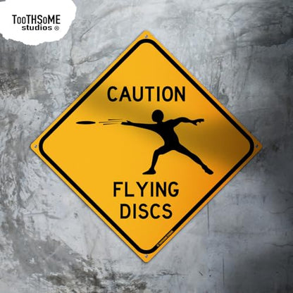Caution Flying Discs 12" x 12" Tin Road Sign Disc Golf (Pack of 2) - size: 12x12 inches (Pack of 2)