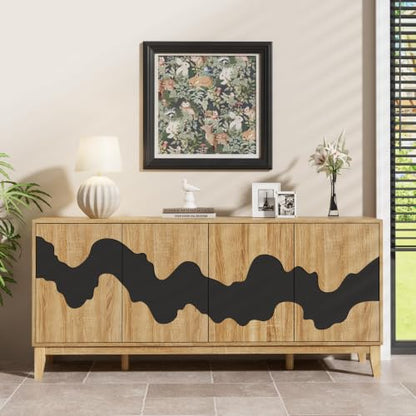 UEV Buffet Cabinet, 63" Modern Sideboard with Black Water Stream Pattern, Kitchen Storage Cabinet with 4 Doors & Shelf, Wood Credenza for Dinning Room, Living Room - color: Natural and Black