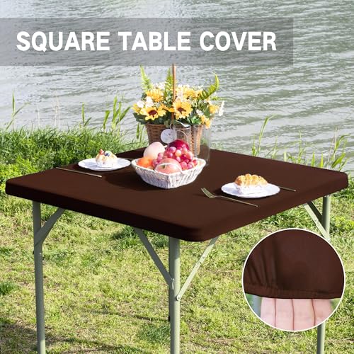 Square Fitted Table Cover Elastic Tablecloth Stretch Spandex Table Top Cover Table Topper Cap for Dining Kitchen Home Party Brown 36X36 Inch - color: Brown, size: 36" x 36" (Square)
