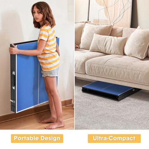 Portable Collapsible Ping Pong Table 60x26x27.5 in - Waterproof Table Tennis Set for Indoor & Outdoor - Includes Net, 2 Paddles, 3 Balls - Lightweight Mini Table for Kids & Adults - Blue