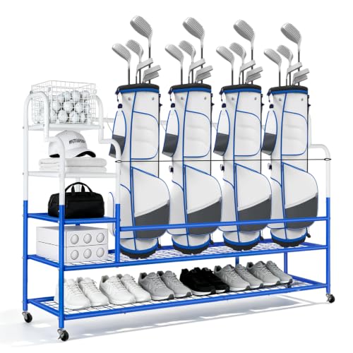 Golf Bag Storage Garage Organizer for 4 Bags, Golf Storage Rack with Wheels | 50% More Space Multi-Zone,All-In-One Compact 5-tier Heavy-Duty Rack,4 360° Casters,Movable Basket,Extra Bottom Storage,Gifts - size: 4 Golf Bag Rack丨60"(L)x15.8(W)"x44.6"(H)