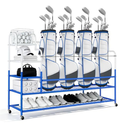 Golf Bag Storage Garage Organizer for 4 Bags, Golf Storage Rack with Wheels | 50% More Space Multi-Zone,All-In-One Compact 5-tier Heavy-Duty Rack,4 360° Casters,Movable Basket,Extra Bottom Storage,Gifts - size: 4 Golf Bag Rack丨60"(L)x15.8(W)"x44.6"(H)