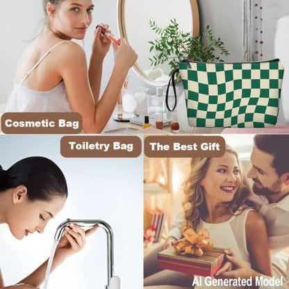 Green Checkered Gifts for Women – Unique Green Plaid Travel Makeup Bag Set with Mirror, Cosmetic Pouch Set for Checkered Lovers & Mom - color: Checkered Green-2S