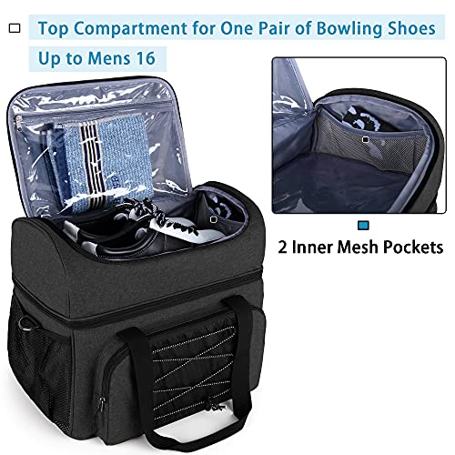 DSLEAF Bowling Bag for 2 Balls, Bowling Tote with Wooden Bowling Cups and Padded Divider for Double Ball and A Pair of Bowling Shoes Up to Mens 16 and Extra Essentials (Patent Design), Bag Only - color: black