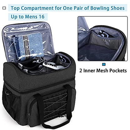 DSLEAF Bowling Bag for 2 Balls, Bowling Tote with Wooden Bowling Cups and Padded Divider for Double Ball and A Pair of Bowling Shoes Up to Mens 16 and Extra Essentials (Patent Design), Bag Only - color: black