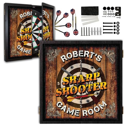 Personalized Dart Board Cabinet Set with 6 Steel Tip Darts, Paper Dartboard, Chalk & Eraser (21.5 x 21.5 x 2.75) - Man Cave Dart Boards for Adults - style: Sharpshooter