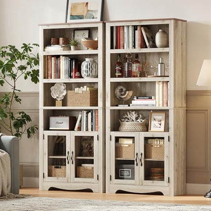 LINSY Bookshelf with Doors, 6 Shelf Bookcase Tall Bookshelves, 73" Farmhouse Book Shelf with Storage Cabinet, Wood Book Shelves for Living Room, Bedroom, Office, Rustic White - color: White