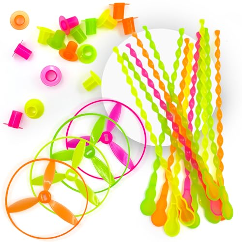 50 Pcs Plastic Flying Helicopter Toy Set Flying Twist Disc with Launchers Spinning Bamboo Dragonfly Plastic Propeller for Kids Party Favors Gifts