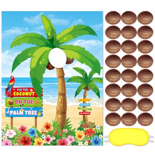 Faccito Hawaiian Party Game Luau Games Summer Tropical Pin The Sunglasses on Pineapple Pin The Coconut on Palm Tree with 24 Pcs Stickers for Tiki Summer Beach Hawaii Luau Party Supplies(Coconut) - style: Palm