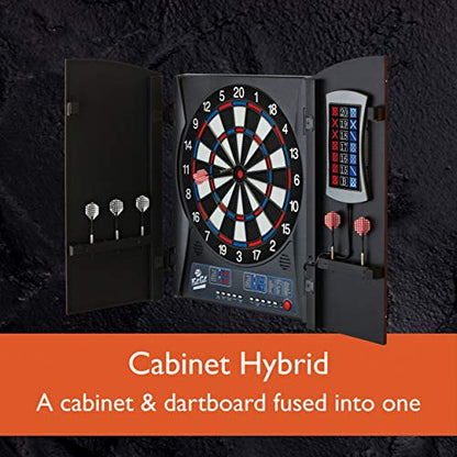 Fat Cat Mercury Electronic Soft Tip Dartboard with Cabinet, 13.5 in Target, 28 Games, 6 Darts Included, Black