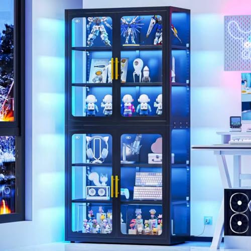 67" Display Cabinet with Glass Doors, 4-Tier Curio Cabinet with Many Color Lights for Collectibles, Glass Display Case, Bookcase with 4 Shelves, Storage Cabinets, Black - color: Black, size: 67''H+Led