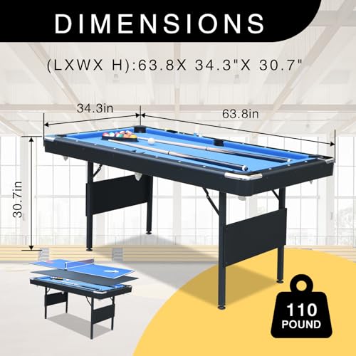 3 in 1 Pool Table Ping Pong Dining Table Combo,63.8 Foldable Billiard Tables/Table Tennis, Multi Game Table, with Billiard and Tennis Paddles Accessories - color: 3 in 1 Pool Table+Blue